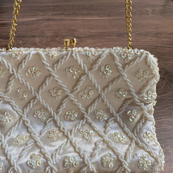 Vintage Cream Convertible Clutch Evening Bag With Sequins & Beads Hand Made - Picture 10 of 11